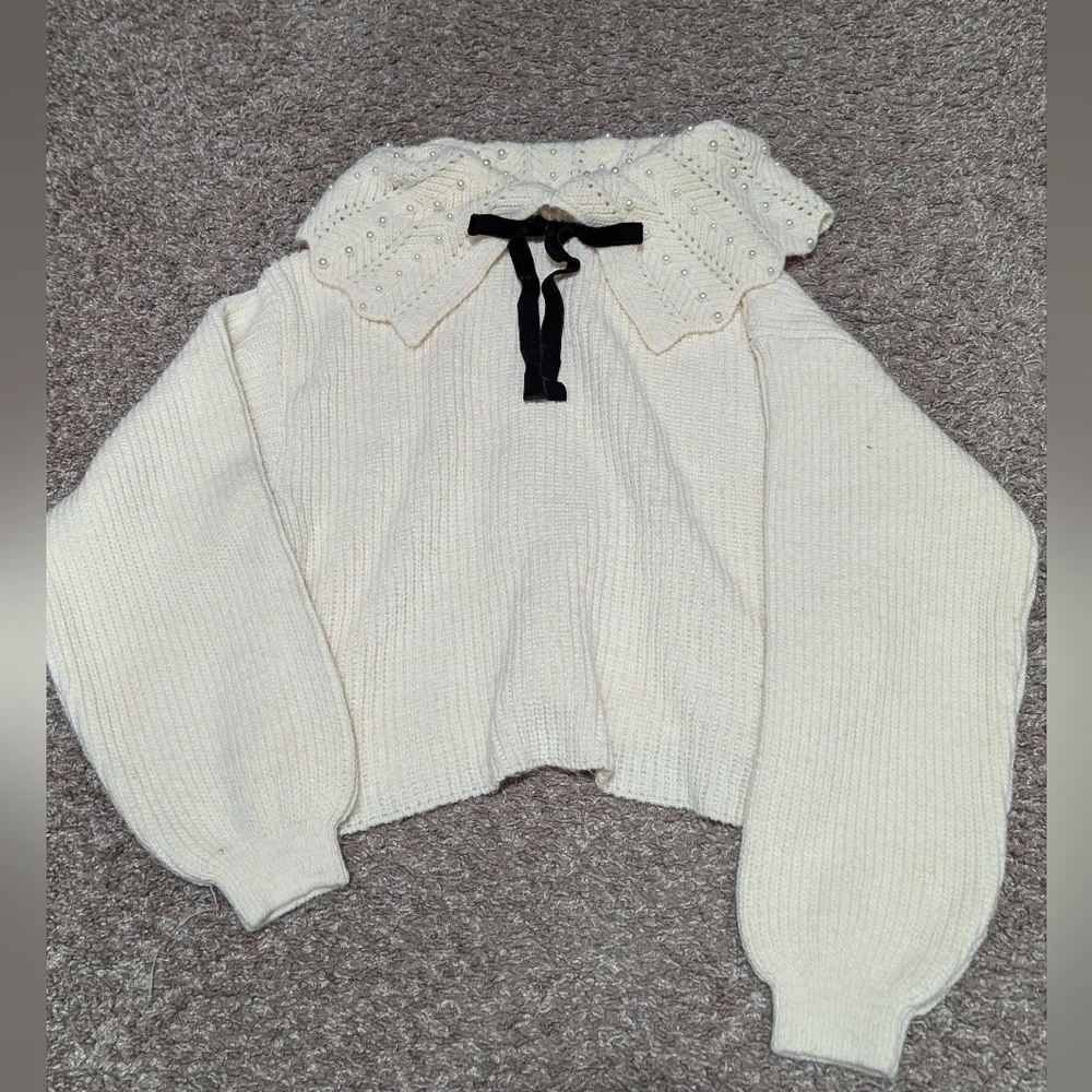 Zara Faux Pearl Sweater Big Collar Velvet Bow Top Cream Small - Picture 4 of 9